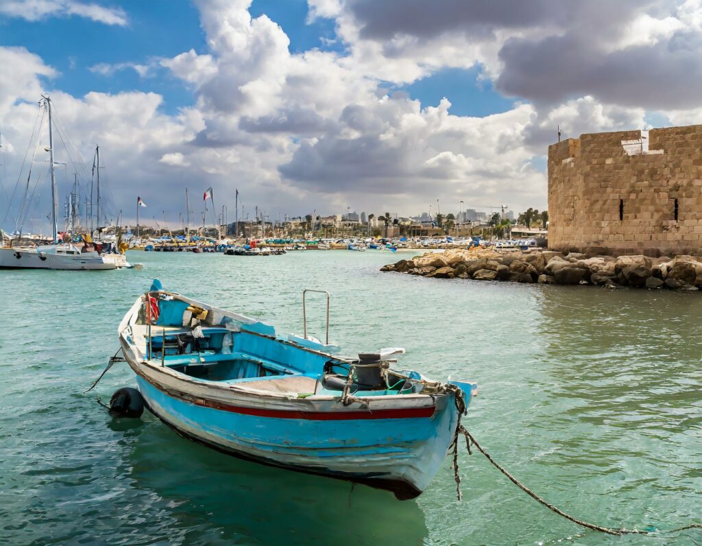 A small boat in the port in the city of Acre
