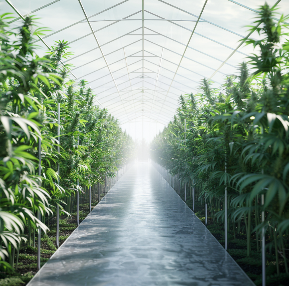 A Medical Cannabis row of plants in a greenhouse